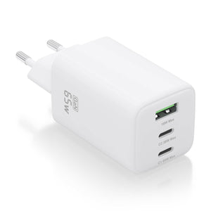 Cargador Gan 65W, 2xUSB-C PD3.0 QC4.0, 1xUSB-A QC3.0, Blanco