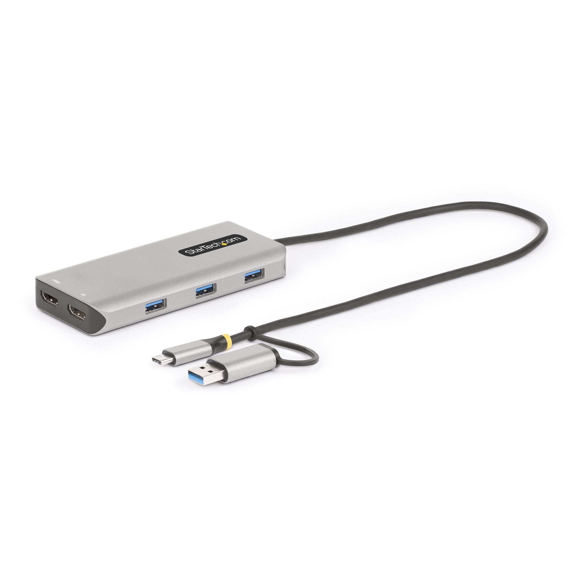 Adaptador Multipuertos USB-C - HDMI Doble (4K30Hz/1080p60Hz) - Hub Ladrón 3x USB-A - Mini Docking Station de Viajes - Docking Station USB Tipo C con Cable Integrado de 40cm