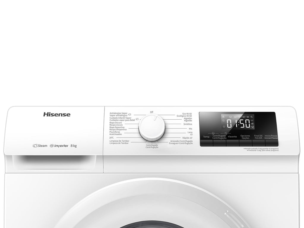 LAVADORA HISENSE WFQP801419VM 8KG 1400RPM FUNCION VAPOR CLASE A DISPLAY DIGITAL