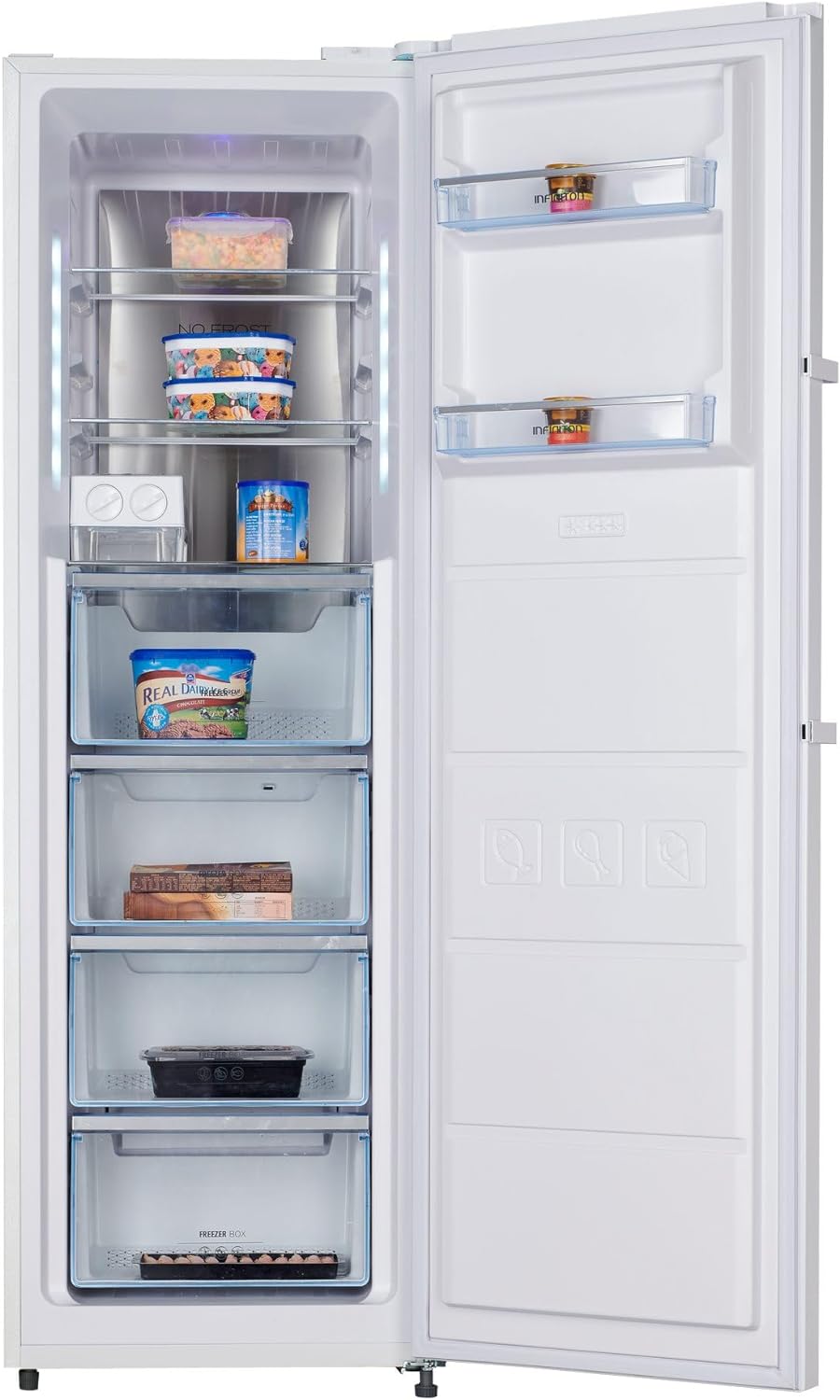 INFINITON Congelador Vertical CV-265L85WEM, 282 Litros, 185 cm de Altura, LCD touchControl, No Frost, Inverter, E, Fabricador de hielo manual incorporado