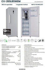 INFINITON Congelador Vertical CV-265L85WEM, 282 Litros, 185 cm de Altura, LCD touchControl, No Frost, Inverter, E, Fabricador de hielo manual incorporado