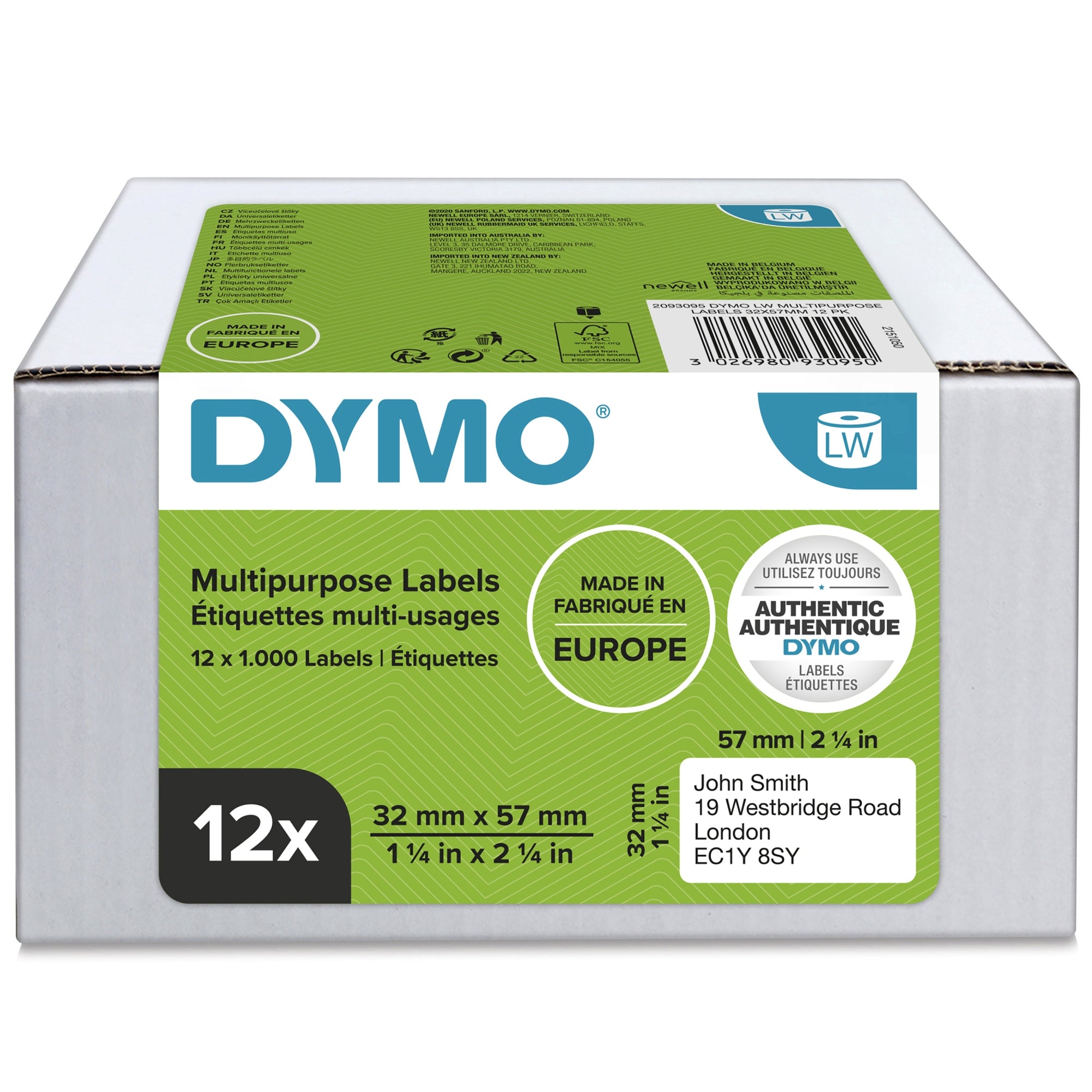 LW etiquetas de dirección multiusos auténticas | 32 mm × 57 mm | 12 rollos de 1000 etiquetas con reverso fácil de retirar (12 000 unidades) | autoadhesivas | para etiquetadoras LabelWriter