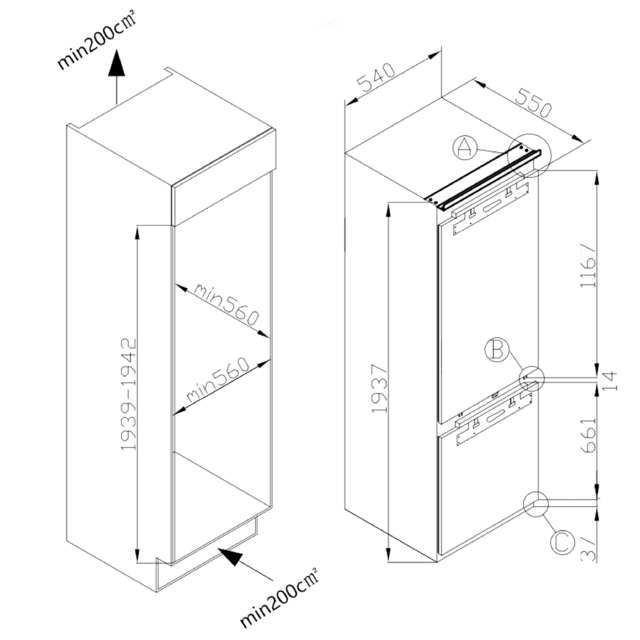 Frigorífico integrable Cecotec Bolero CoolMarket Combi BI-D FLW 267 E