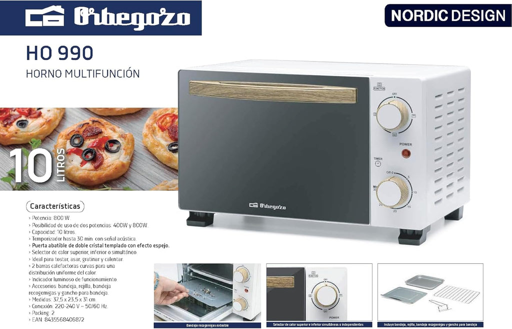 Horno Electrico Orbegozo HO 990, Capacidad 10 litros, 800 W, Blanco