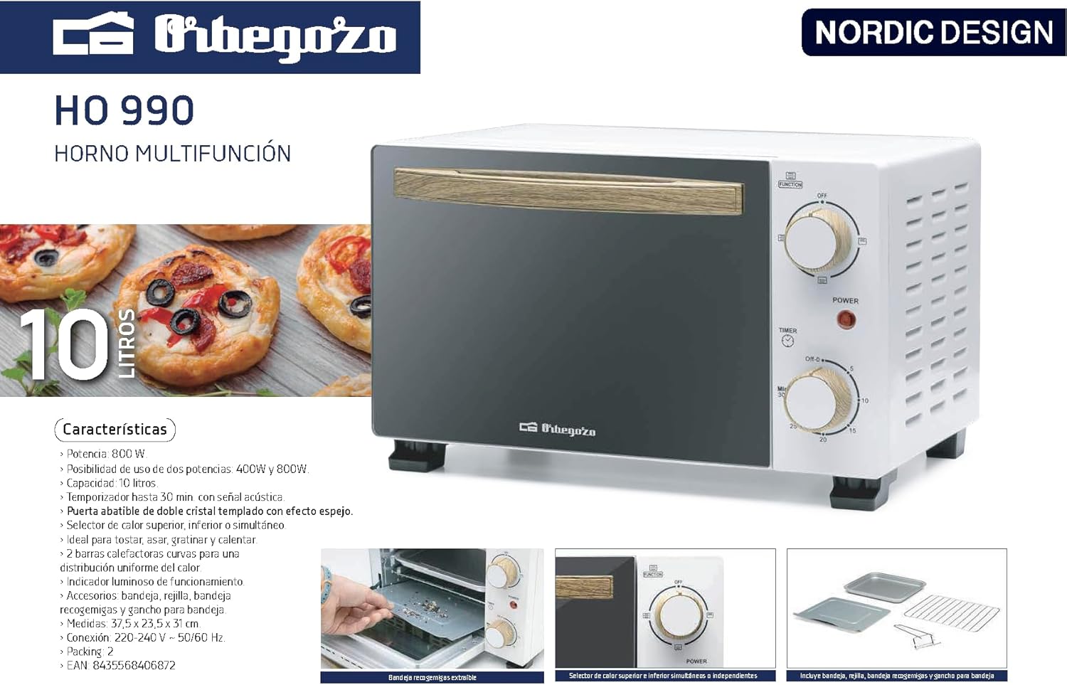 Horno Electrico Orbegozo HO 990, Capacidad 10 litros, 800 W, Blanco