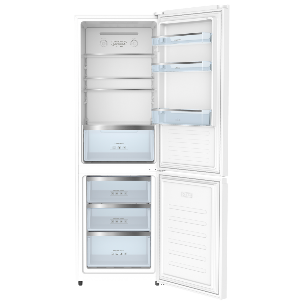 FRIGORIFICO COMBI INFINITON FGC310C85BEM BLANCO NO FROST TOTAL 310 L 185X59X59,5 CLASE E LUZ LED MULTIFLOW CONTROL MECANICO FRESH ZONE CAJONES BIGBOX *--*