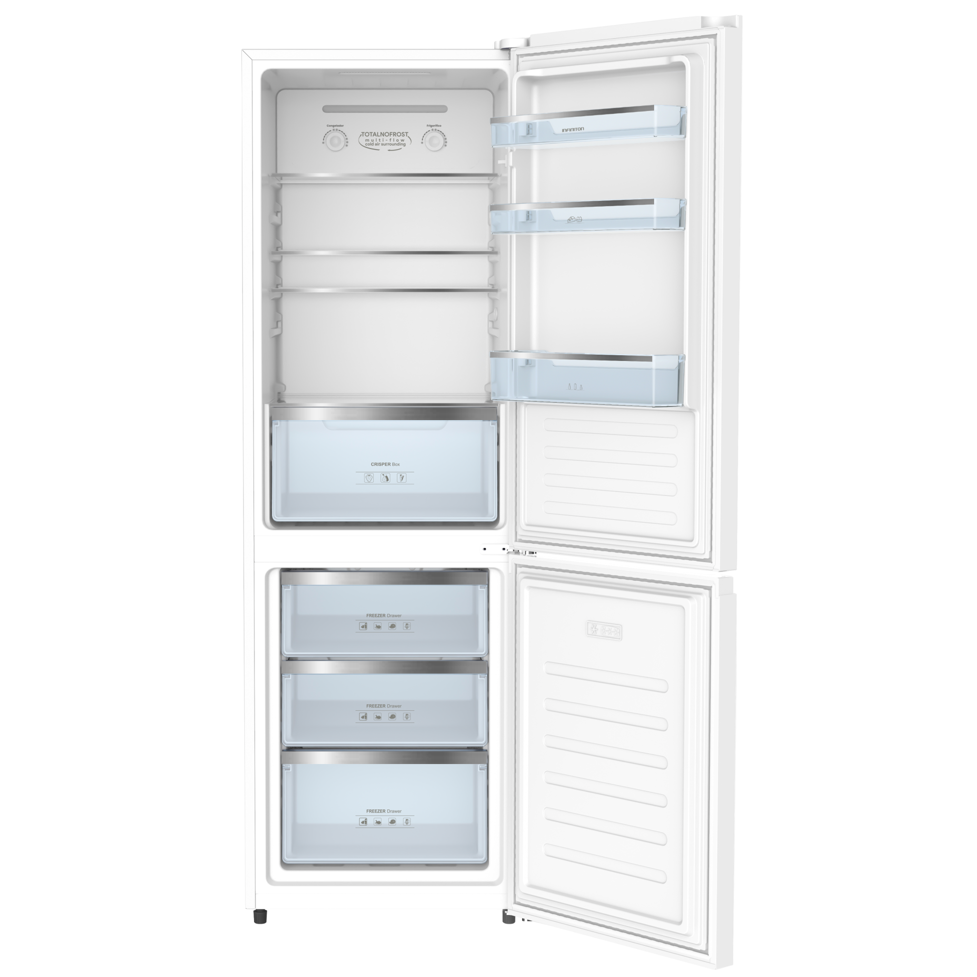FRIGORIFICO COMBI INFINITON FGC310C85BEM BLANCO NO FROST TOTAL 310 L 185X59X59,5 CLASE E LUZ LED MULTIFLOW CONTROL MECANICO FRESH ZONE CAJONES BIGBOX *--*