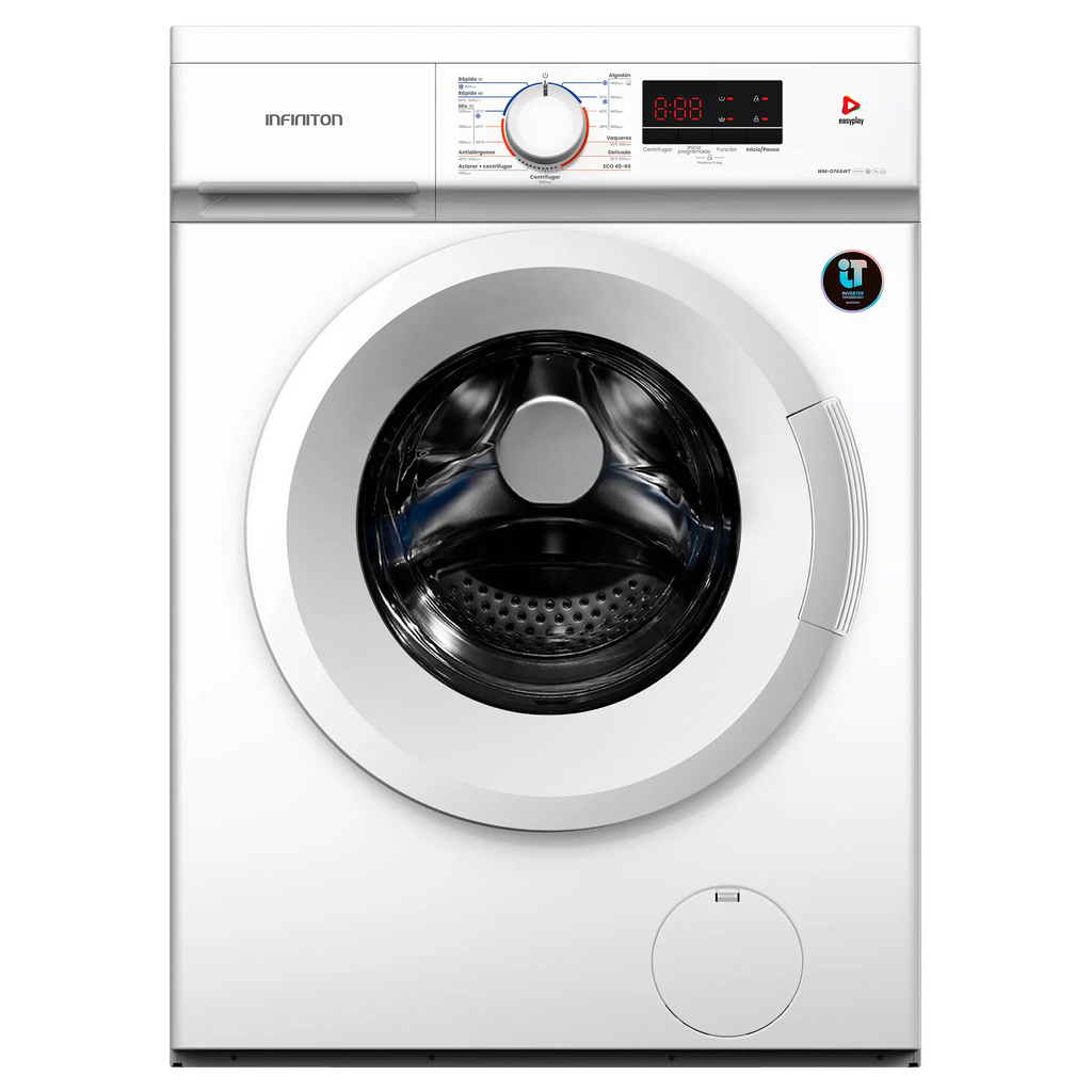 LAVADORA INFINITON WMD74AWT BLANCA 7KG 1400RPM CLASE A TAPA DESMONTABLE FUNCION VAPOR 15 PROGRAMAS DISPLAY INICIO PROGRAMADO