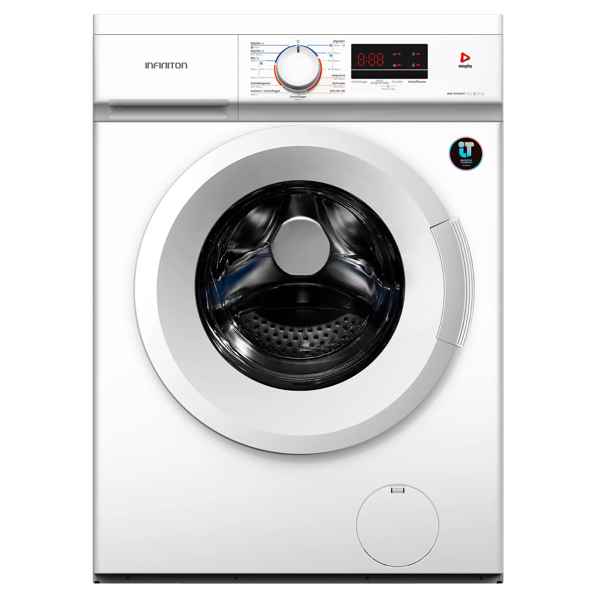 LAVADORA INFINITON WMD74AWT BLANCA 7KG 1400RPM CLASE A TAPA DESMONTABLE FUNCION VAPOR 15 PROGRAMAS DISPLAY INICIO PROGRAMADO