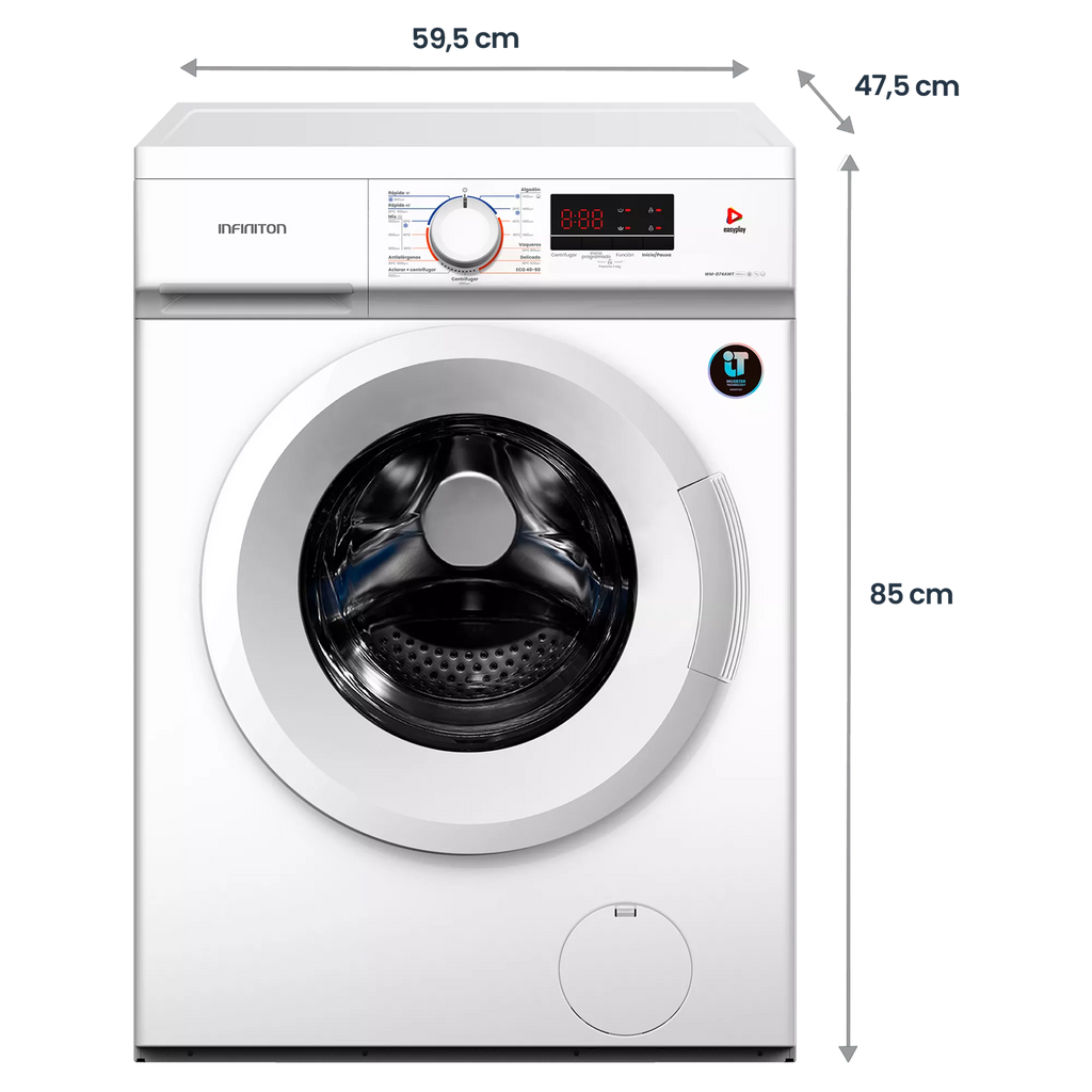 LAVADORA INFINITON WMD74AWT BLANCA 7KG 1400RPM CLASE A TAPA DESMONTABLE FUNCION VAPOR 15 PROGRAMAS DISPLAY INICIO PROGRAMADO