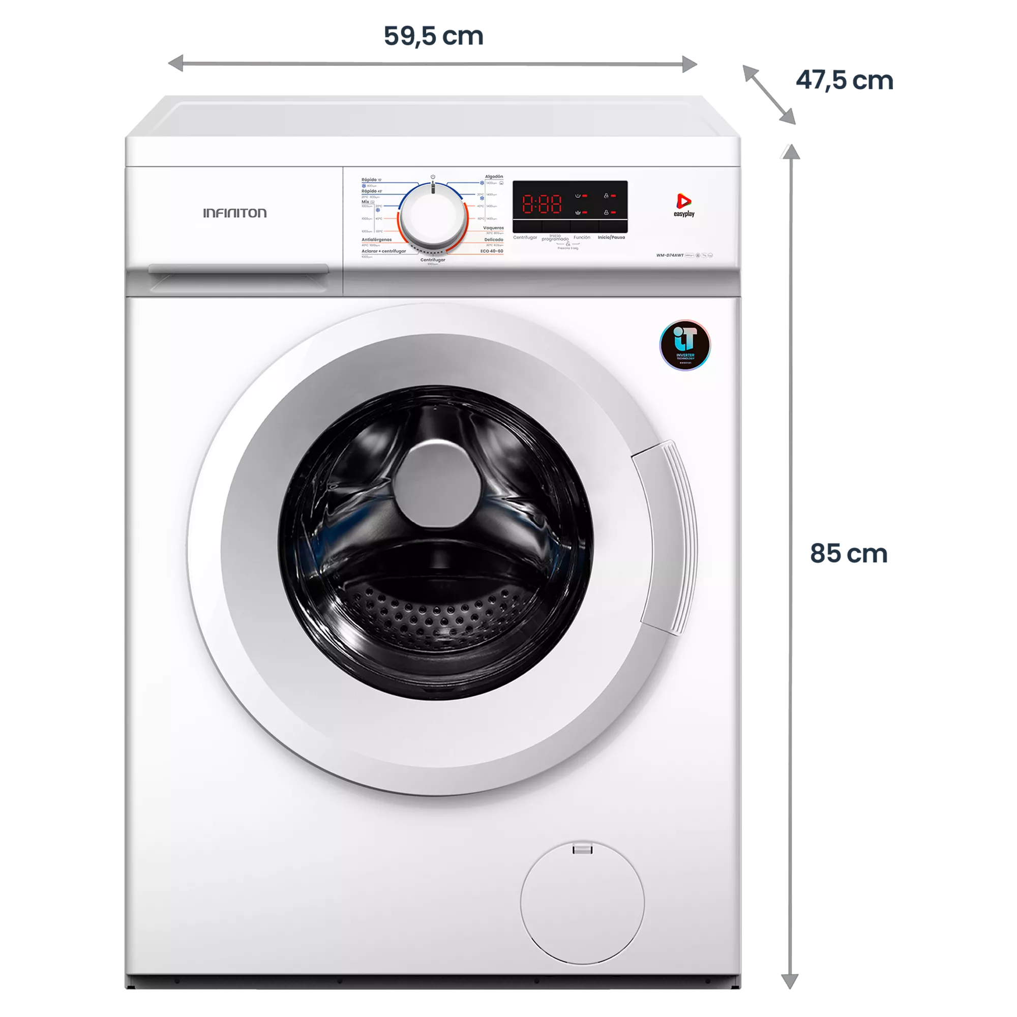 LAVADORA INFINITON WMD74AWT BLANCA 7KG 1400RPM CLASE A TAPA DESMONTABLE FUNCION VAPOR 15 PROGRAMAS DISPLAY INICIO PROGRAMADO