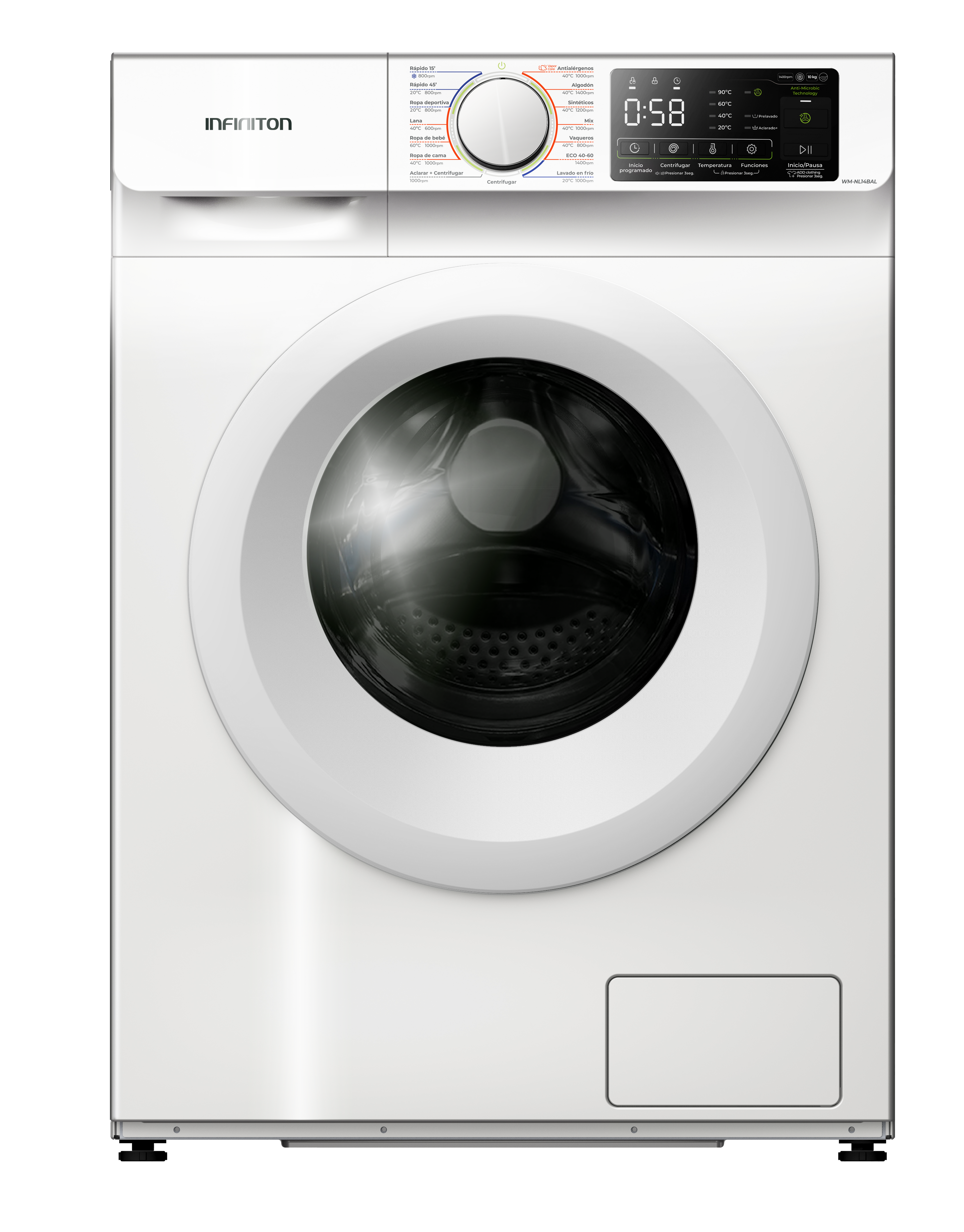 LAVADORA INFINITON WMNL14BAL BLANCA 10KG 1400RPM FUNCION VAPOR CLASE A 15 PROGRAMAS DISPLAY LED CONTROL ELECTRONICO INVERTER