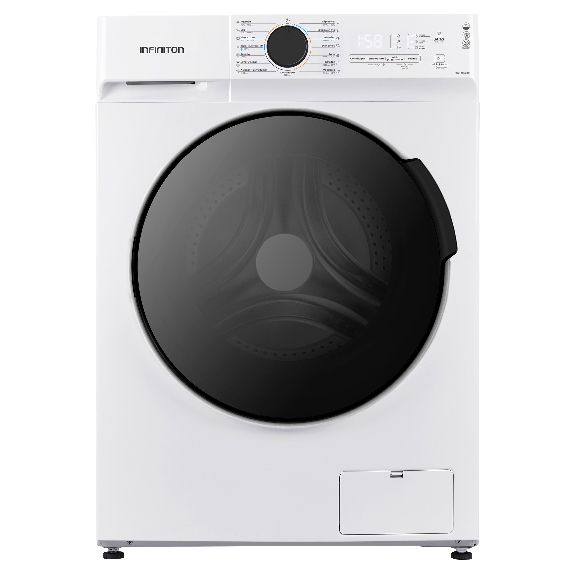 LAVADORA SECADORA INFINITON WSDG8A6D4BN BLANCA 8KG/6KG 1400RPM CLASE A-D FONDO REDUCIDO 47 15 PROGRAMAS DISPLAY MOTOR INVERTER CONTROL ELECTRONICO