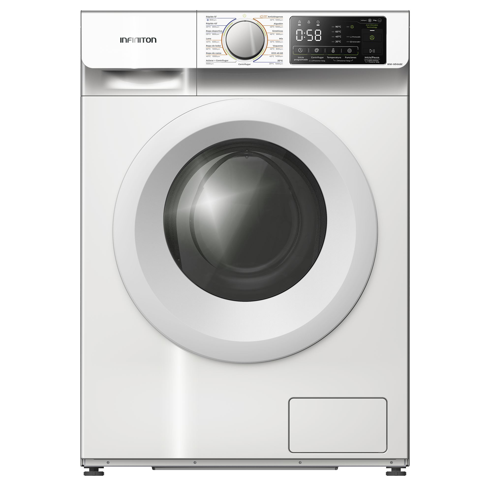 LAVADORA INFINITON WMN94ABE BLANCA 9KG 1400RPM CLASE A 15 PROGRAMAS FUNCION VAPOR DISPLAY INICIO DIFERIDO