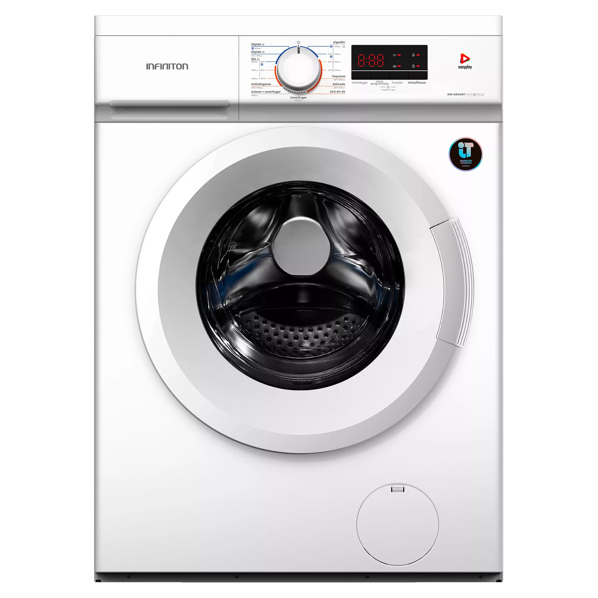 LAVADORA INFINITON WMD84AWT BLANCA 8KG 1400RPM CLASE A 15 PROGRAMAS DISPLAY CONTROL ELECTRONICO MOTOR INVERTER