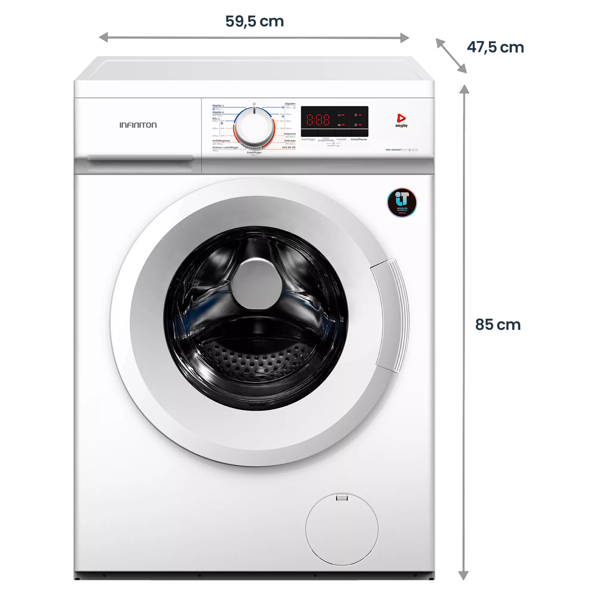 LAVADORA INFINITON WMD84AWT BLANCA 8KG 1400RPM CLASE A 15 PROGRAMAS DISPLAY CONTROL ELECTRONICO MOTOR INVERTER