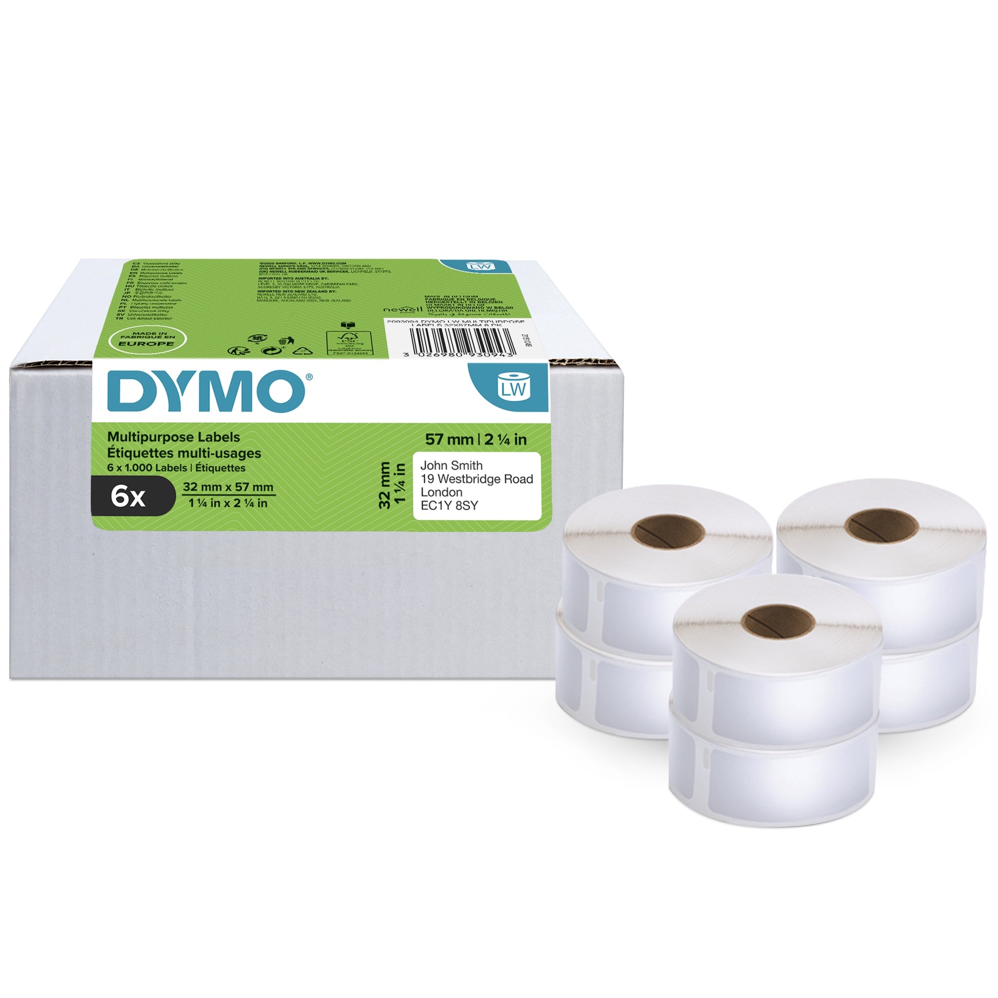 LW etiquetas de dirección multiusos auténticas | 32 mm × 57 mm | 6 rollos de 1000 etiquetas con reverso fácil de retirar (6000 unidades) | autoadhesivas | para etiquetadoras LabelWriter