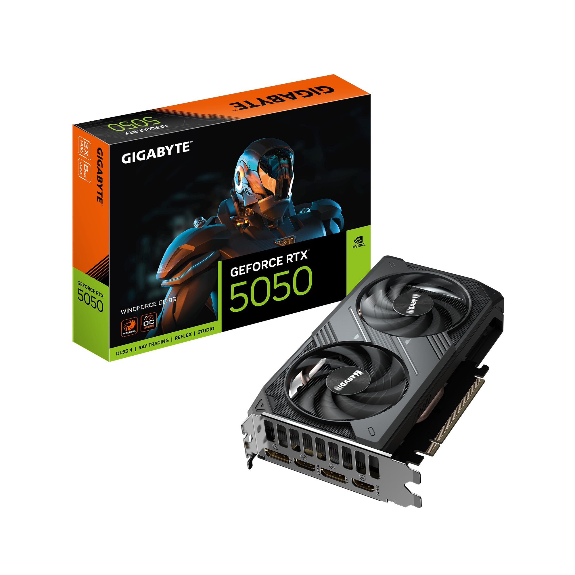 GeForce RTX 5050 WINDFORCE OC 8G Tarjeta Gráfica - 8GB GDDR6, 128bit, PCI-E 5.0, 2587MHz Frecuencia del núcleo, 2 x DP, 2 x HDMI, NVIDIA DLSS 4, GV-N5050WF2OC-8GD