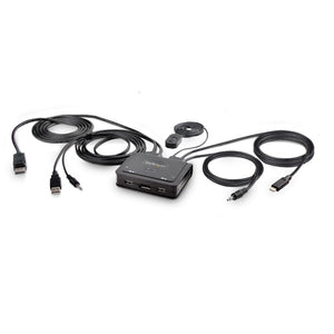 Cable Switch KVM Híbrido USB-C de 2 Puertos - 4K60 - Cables Integrados de 1,2m USB-C y USB-A/DP/Audio - Alimentado por el Bus - Conmutado por Teclas de Acceso Rápido