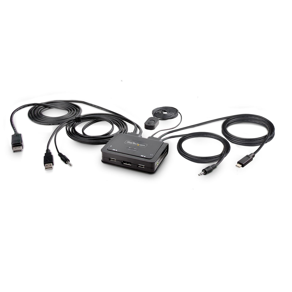 Cable Switch KVM Híbrido USB-C de 2 Puertos - 4K60 - Cables Integrados de 1,2m USB-C y USB-A/DP/Audio - Alimentado por el Bus - Conmutado por Teclas de Acceso Rápido