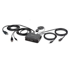 Cable Switch KVM Híbrido de 2 Puertos USB-C HDMI - 4K 60Hz - KVM Compacto con Cable Integrado de 1,8m USB-A/HDMI/Audio y USB Tipo C de 1,2m - Alimentado por el Bus