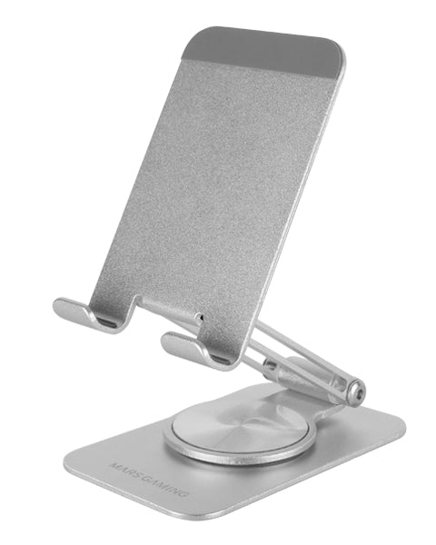 MA-RSS, Soporte Plegable para Smartphone, Rotación Dinámica 360º + Ajuste en Altura y Ángulo 180º, Soporte Teléfono Móvil Portátil de Aluminio, Antideslizante, Gris Plateado