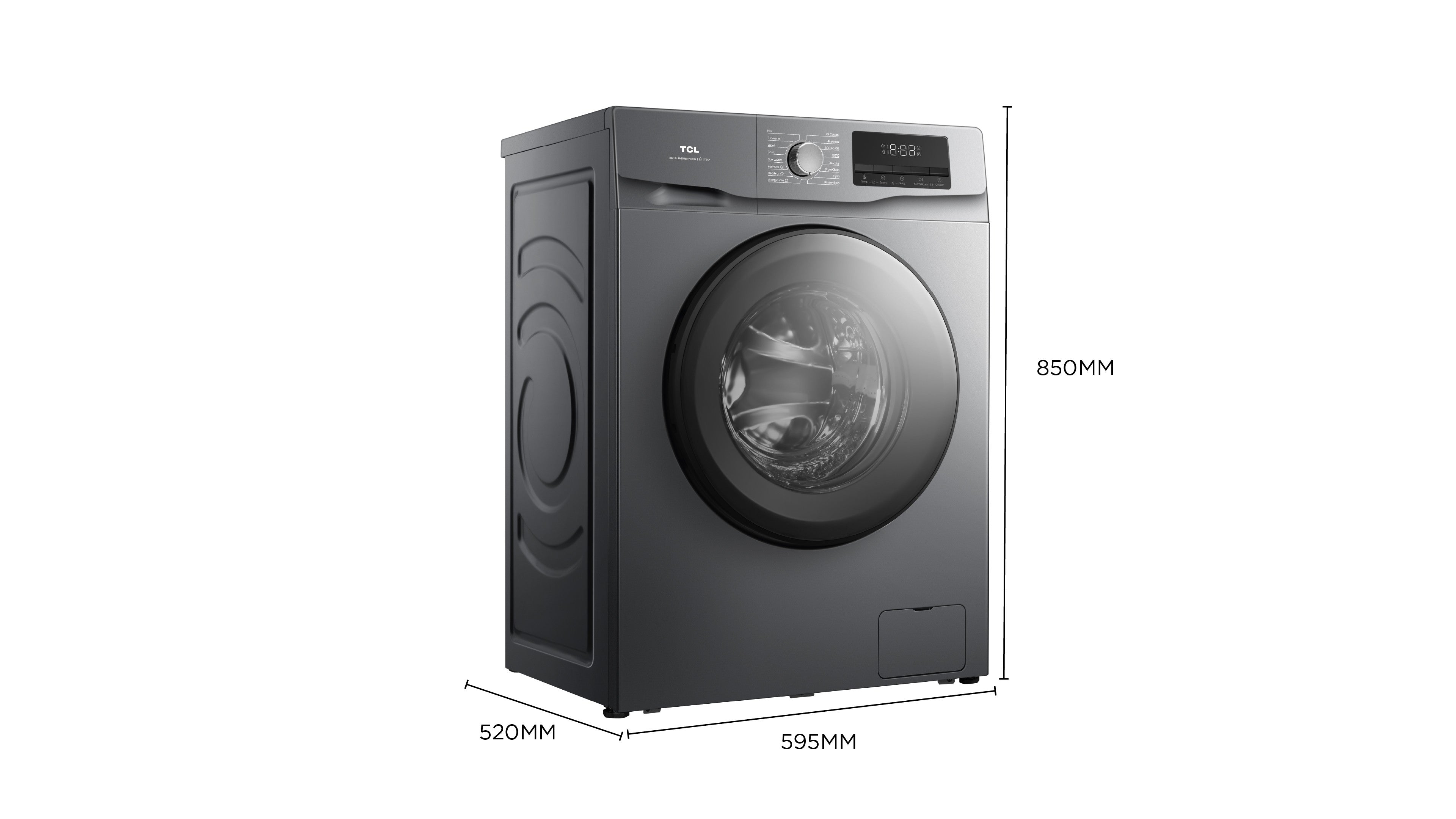 LAVADORA TCL FF0814SA1ES PLATA 8KG 1400RPM CLASE A-10% DISPLAY MOTOR BLDC