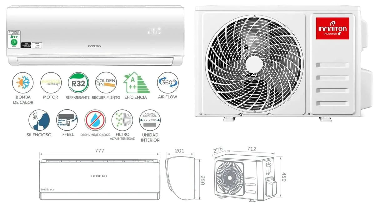 AIRE ACONDICIONADO INFINITON SPTTK12 3000 FRIG R32 BOMBA DE CALOR FILTRO ANTIBACTERIAS WIFI A++/A+
