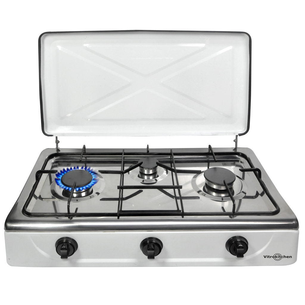Hornillo Vitrokitchen 302BB 3 quemadores desmontables tapa acero blanco antideslizante