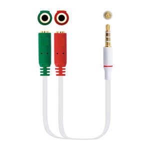 Cable adaptador Audio Jack 3.5/M 4pines - 2xJack 3.5/H 3pines, blanco, 20 cm