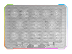 MNBC13, Base Refrigeradora y Stand para Portátiles Hasta 17, Iluminación ARGB 10 Modos, 13x Ventiladores con LED Blanco, Regulable 8 Posiciones, Pantalla LCD, Soporte Smartphone, Blanco