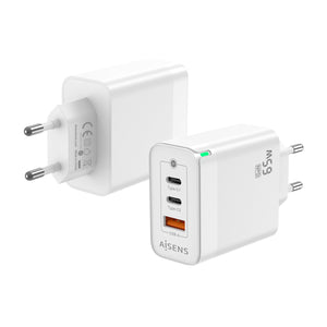 Cargador Gan 65W, 2xUSB-C PD3.0 QC4.0, 1xUSB-A QC3.0, Blanco
