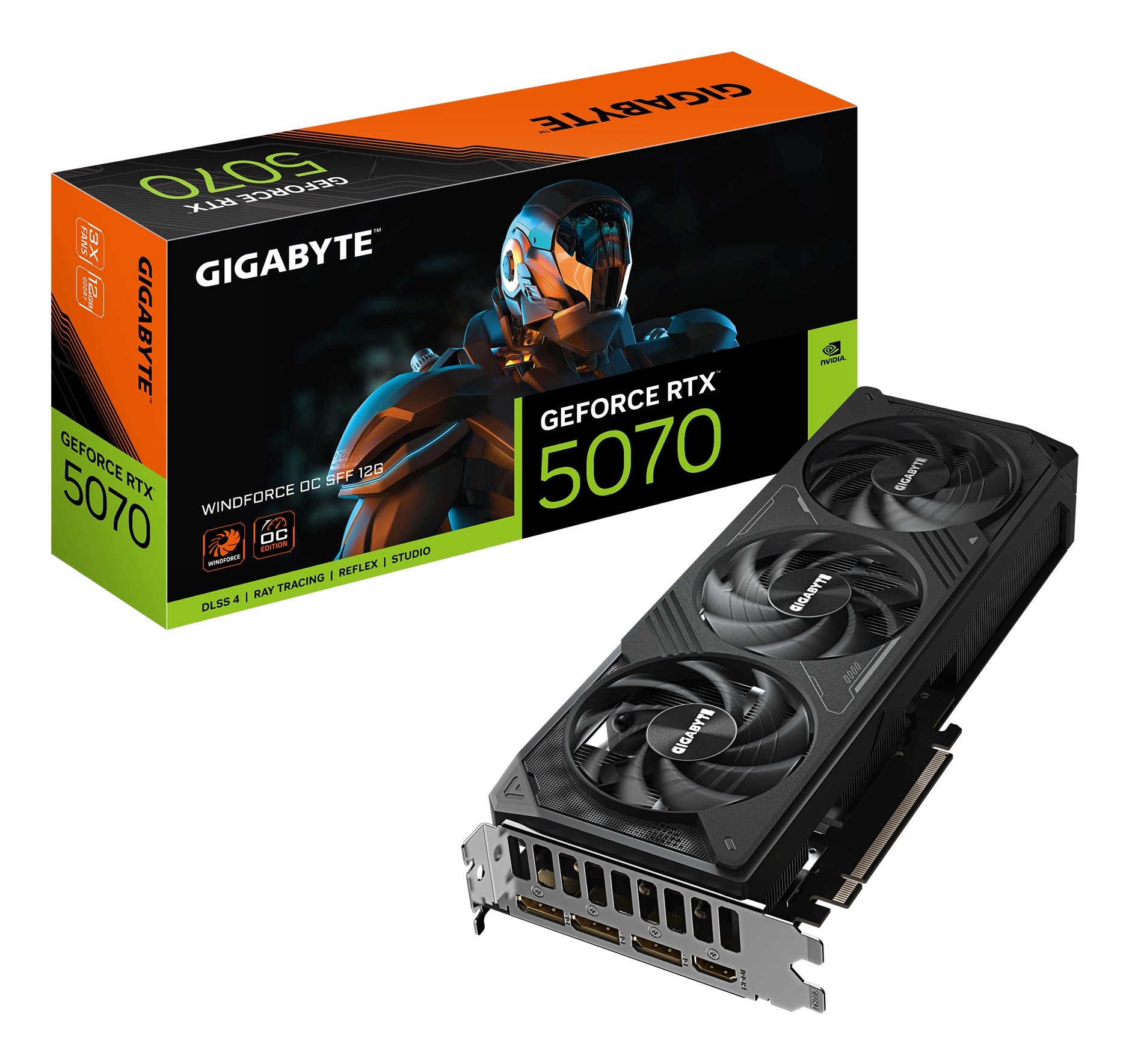 GeForce RTX 5070 WINDFORCE OC SFF 12G Tarjeta Gráfica - 12GB GDDR7, 192 bits, PCI-E 5.0, 2542 MHz Core Clock, 3 x DP 2.1a, 1 x HDMI 2.1b, NVIDIA DLSS 4, GV-N5070WF3OC-12GD