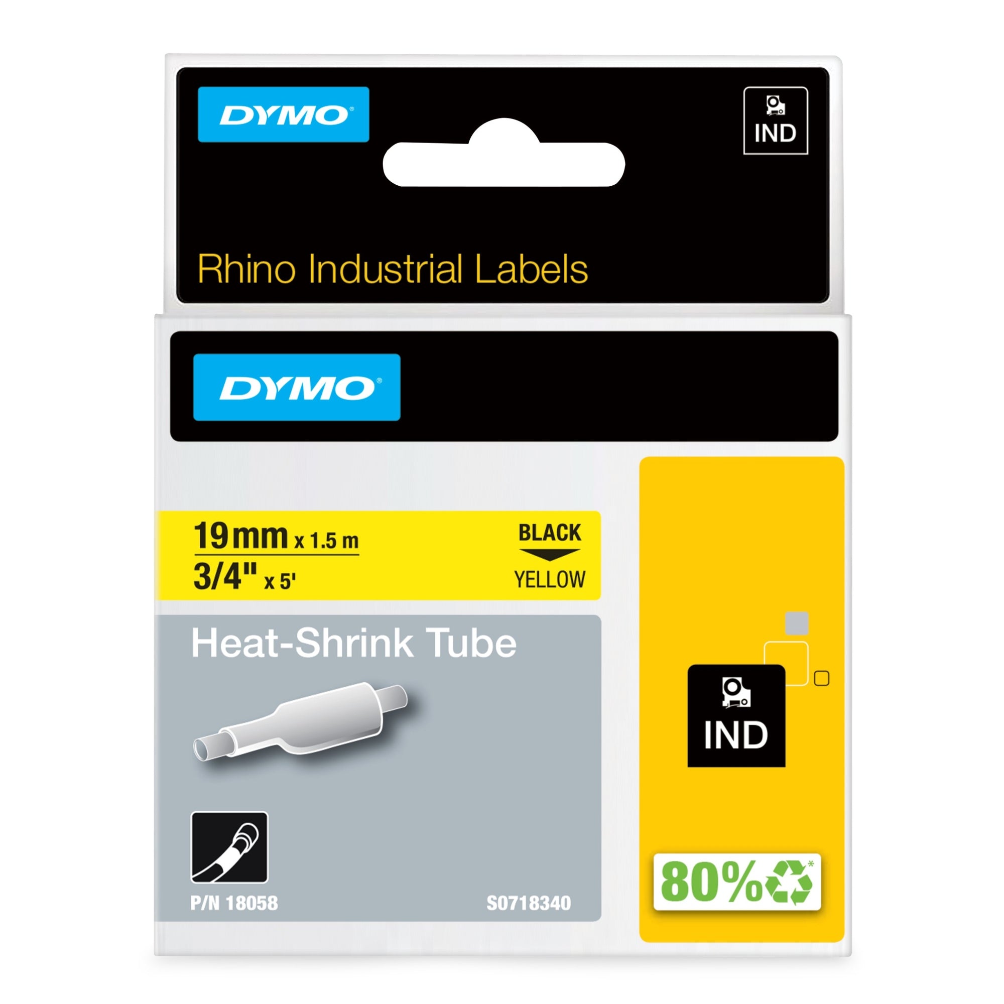 Rhino Tubos termorretráctiles industriales para etiquetas de cables | 19 mm x 1,5 m | Impresión en negro sobre amarillo | para rotuladoras Rhino