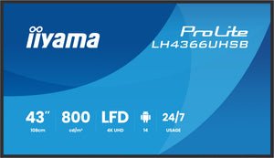 LH4366UHSB-B1AG pantalla de señalización Pantalla plana para señalización digital 109,2 cm (43") LCD Wifi 800 cd / m² 4K Ultra HD Negro Procesador incorporado Android 24/7