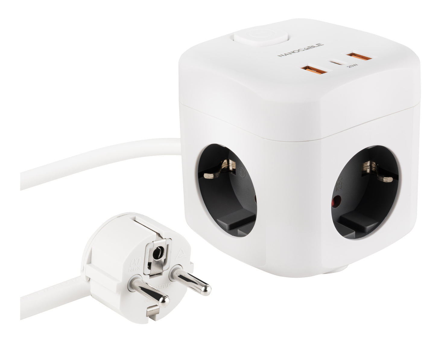 Base de 3 enchufes con 3 USB (2 USB-A + 1 USB-C), GaN + PPS, PD 20W, con interruptor, Blanco