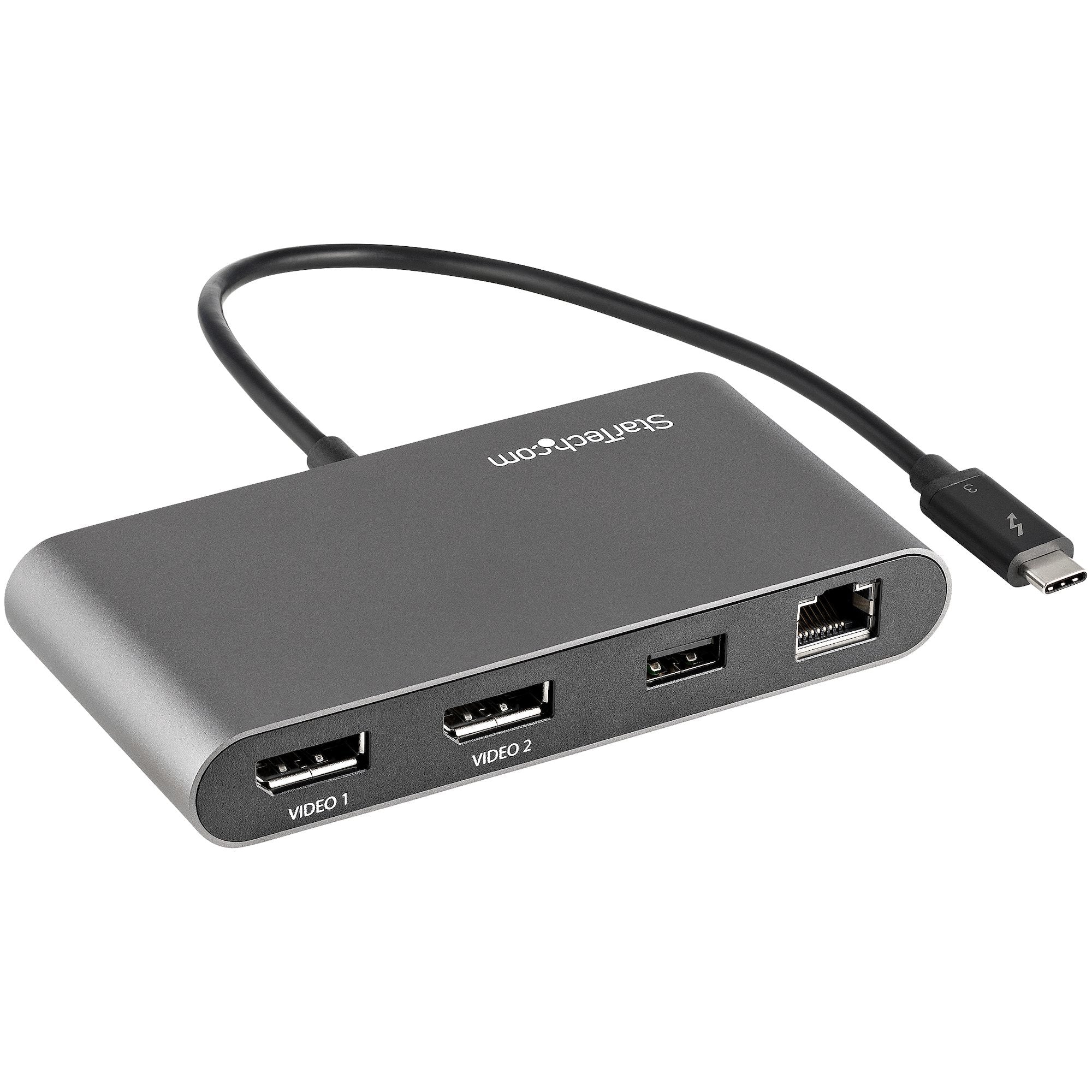 Mini Dock Thunderbolt - Docking Station Portátil para 2 Monitores con DP 4K 60Hz, 1x Hub USB-A (USB 5 Gbps), GbE - Cable de 28cm - Adaptador Multipuertos TB Mac/Windows sin Controladores