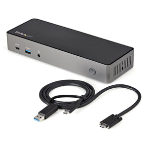 Docking Station USB-C y USB-A 10Gb - Replicador de Puertos Híbrido Universal para 3 Monitores DisplayPort y HDMI 4K de 60Hz - PD 85W - Hub Ladrón USB de 6 Puertos - Audio - Red Gigabit