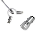 Cargador Coche 2xUSB Dual Car Charger Alum 2.4A + Cable 3 in 1 Silver