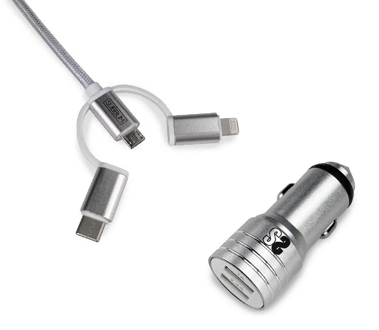 Cargador Coche 2xUSB Dual Car Charger Alum 2.4A + Cable 3 in 1 Silver