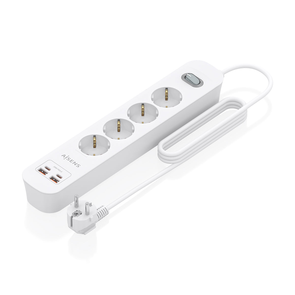 Regleta de Enchufes Multifuncion con 4 Tomas + Cargador PD3.0 20W 2xUSB-C, 2xUSB-A, 1.4m, Blanco