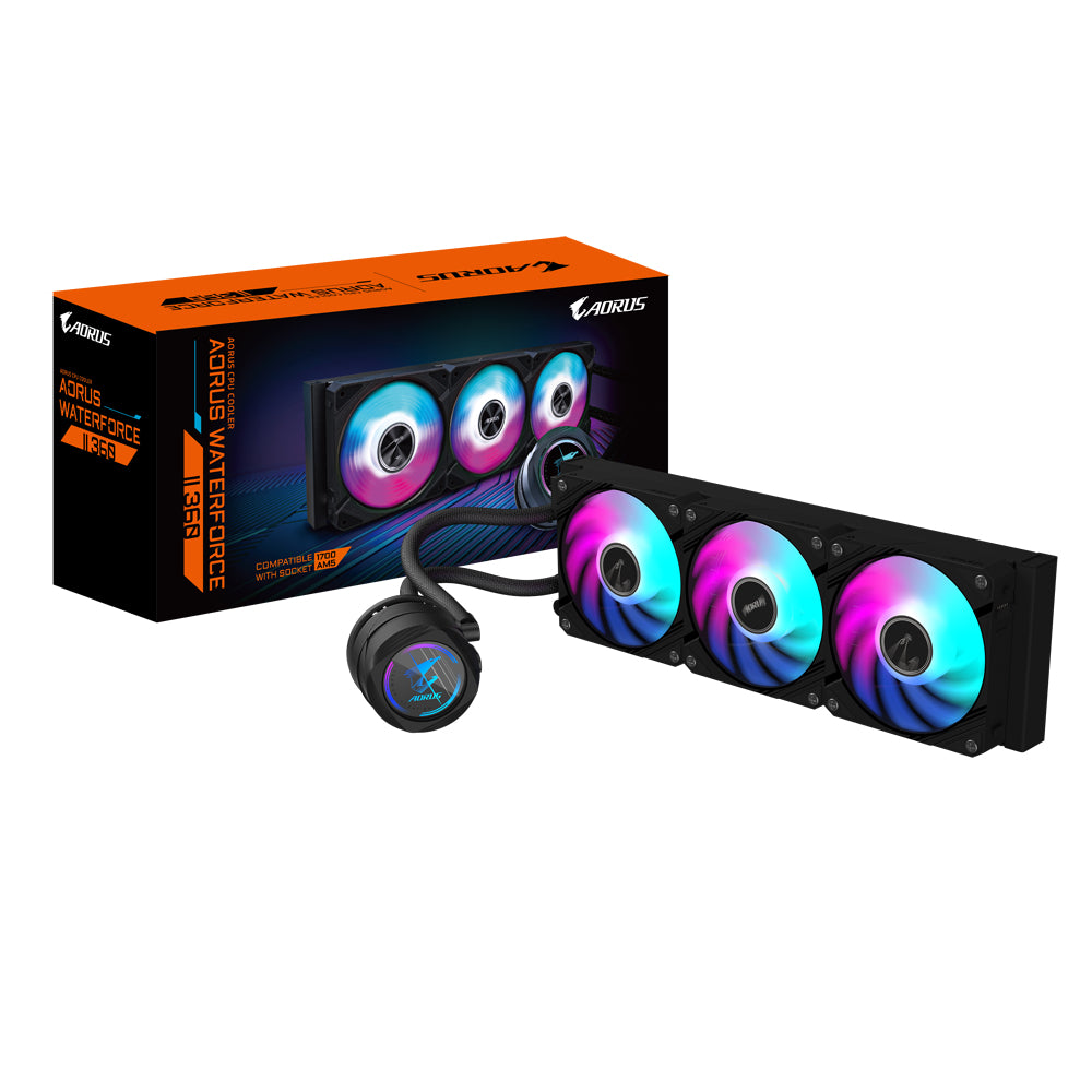AORUS WATERFORCE II 360 AIO Refrigerador de CPU líquido - 3x ventiladores ARGB de 120 mm, mecanismo de conexión deslizante, DAISY-CHAIN, compatible con Intel LGA 1851 y AMD AM5