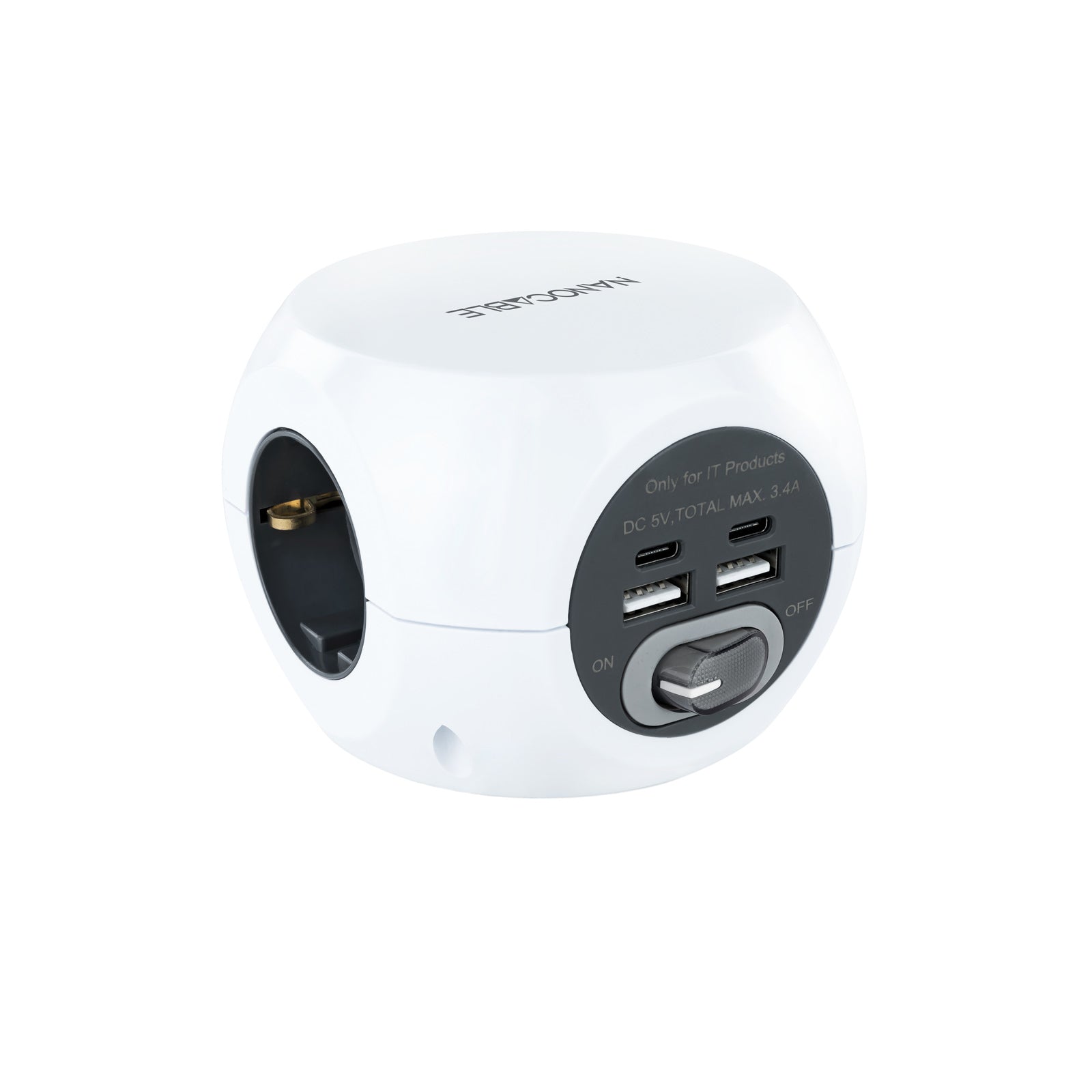 Base de 3 enchufes con 4 USB's (2 USB A + 2 USB-C), con interruptor