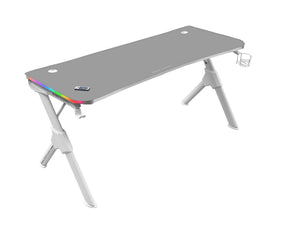 MGD140RGB, Mesa Ergonómica Gaming RGB, Soporte Auriculares y Bebida, Alfombrilla Ratón, 140x60cm, Blanco