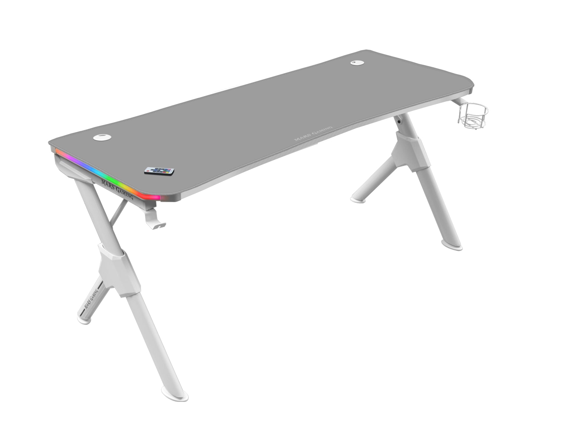 MGD140RGB, Mesa Ergonómica Gaming RGB, Soporte Auriculares y Bebida, Alfombrilla Ratón, 140x60cm, Blanco