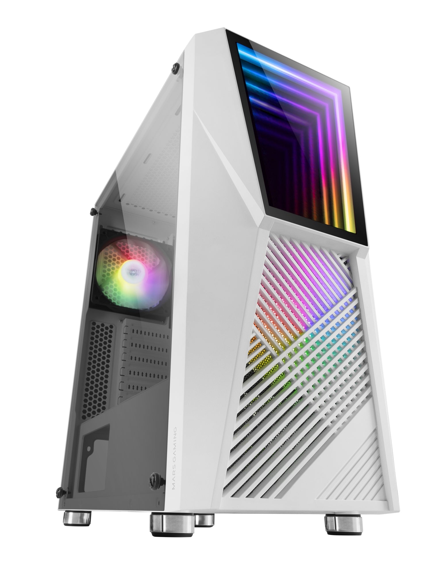 MC777W, Caja PC Gaming, Infinity Mirror ARGB, Cristal Templado, 2xVentilador Chroma ARGB, Blanco