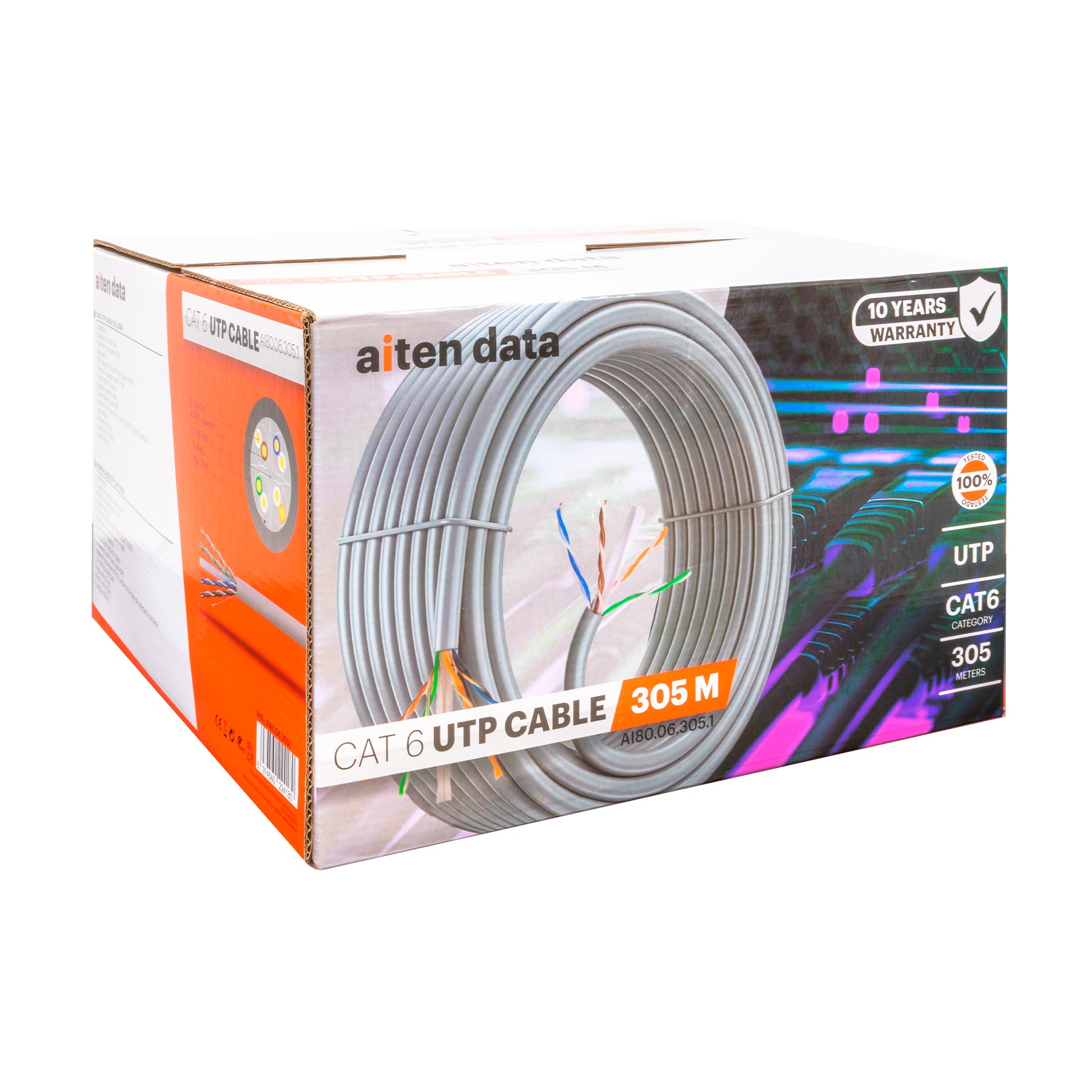 Bobina Cable de Red 305 m, UTP CAT6, Polietileno de Alta Densidad (Solid HDPE) y LSZH  Cuatro Cables Trenzados y separador  Diámetro Conductor de 0.56 mm OFC (Oxygen Free Copper) 99.97%