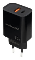 Cargador USB-C/PD + USB-A/QC 30W, Negro