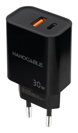 Cargador USB-C/PD + USB-A/QC 30W, Negro