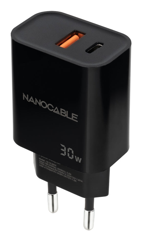 Cargador USB-C/PD + USB-A/QC 30W, Negro